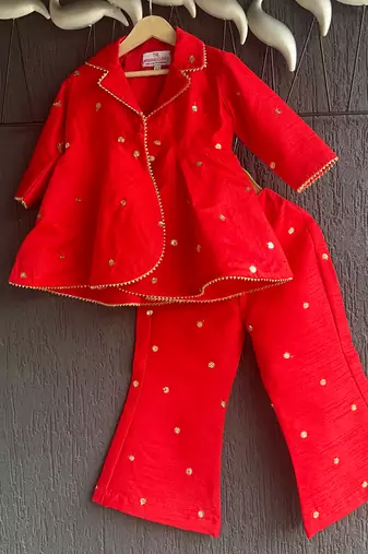 Red embroidered raw silk co ord set