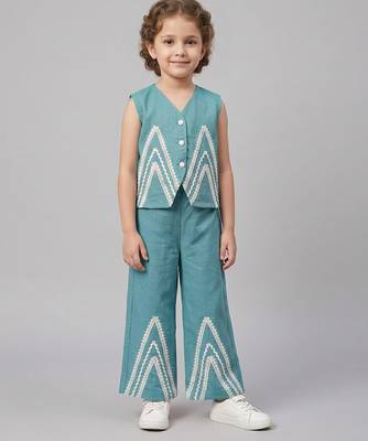 Blue embroidered cotton slub co ord set 1