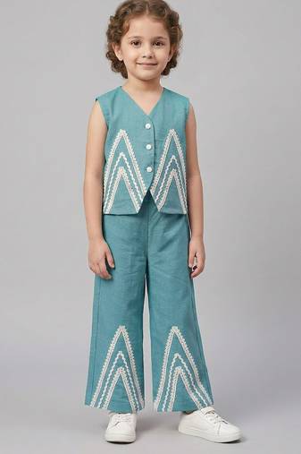 Blue embroidered cotton slub co ord set