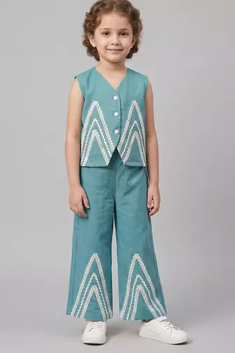 Blue embroidered cotton slub co ord set