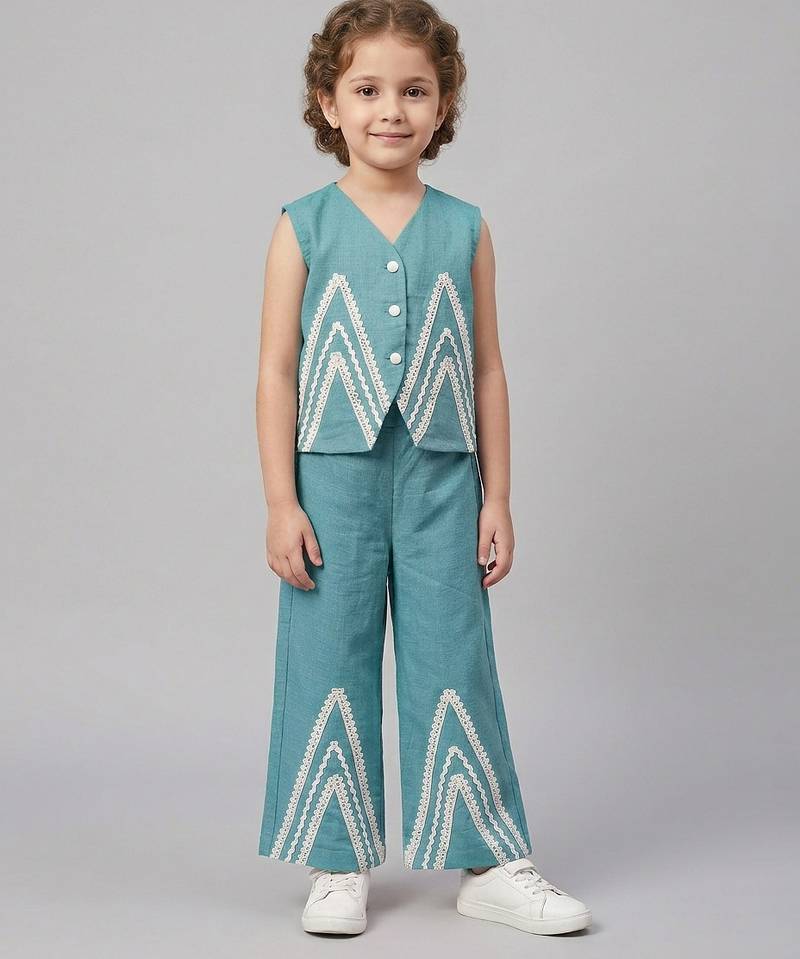 Blue embroidered cotton slub co ord set