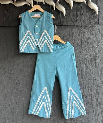 Blue embroidered cotton slub co ord set 2