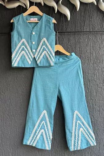 Blue embroidered cotton slub co ord set