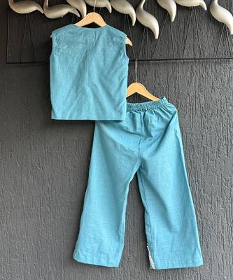 Blue embroidered cotton slub co ord set 3