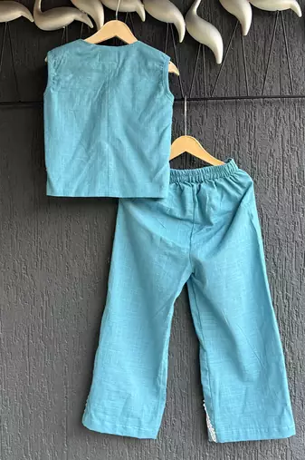 Blue embroidered cotton slub co ord set