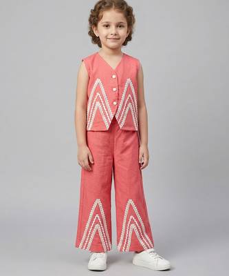 Dark Pink embroidered cotton slub co ord set 1