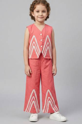 Dark Pink embroidered cotton slub co ord set