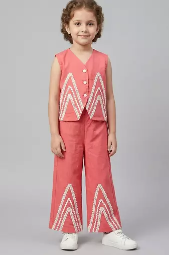 Dark Pink embroidered cotton slub co ord set