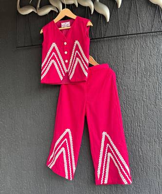 Dark Pink embroidered cotton slub co ord set 2