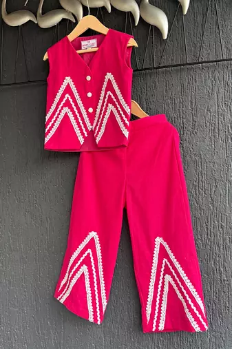 Dark Pink embroidered cotton slub co ord set