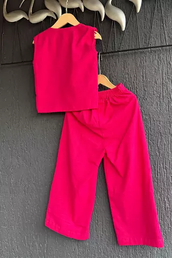 Dark Pink embroidered cotton slub co ord set