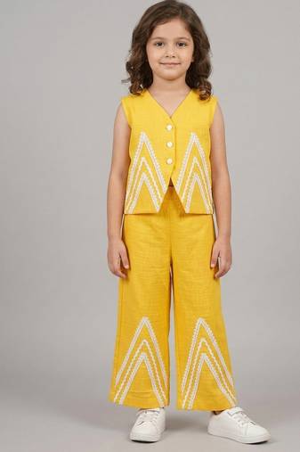 Yellow embroidered cotton slub co ord set