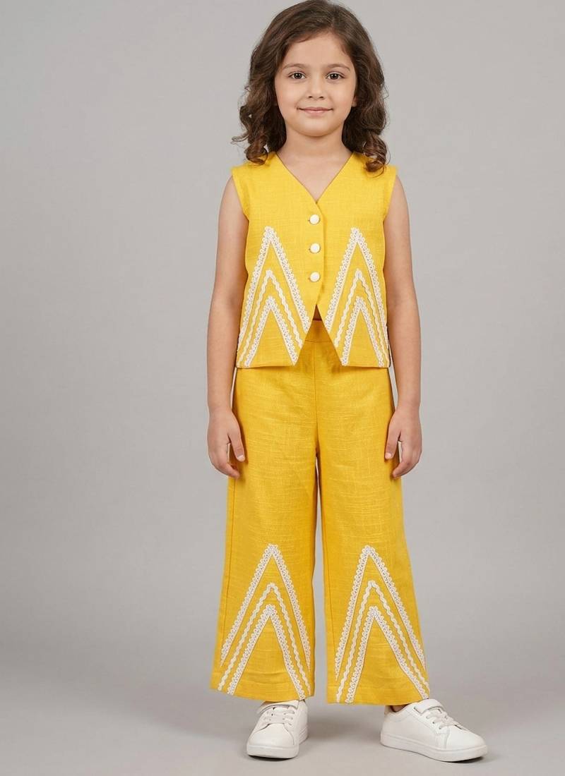 Yellow embroidered cotton slub co ord set