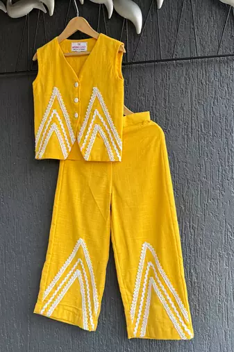Yellow embroidered cotton slub co ord set