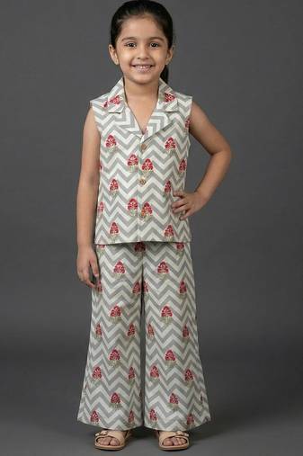 Off white grey printed cotton slub co ord set