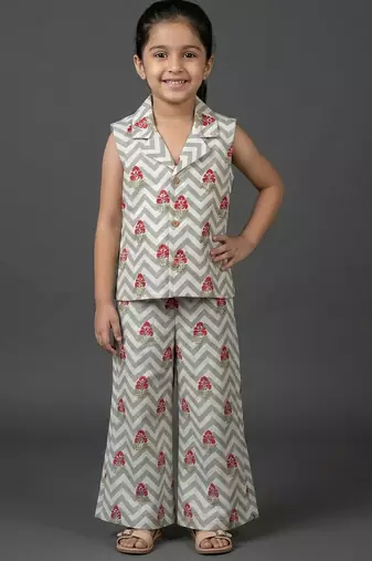 Off white grey printed cotton slub co ord set