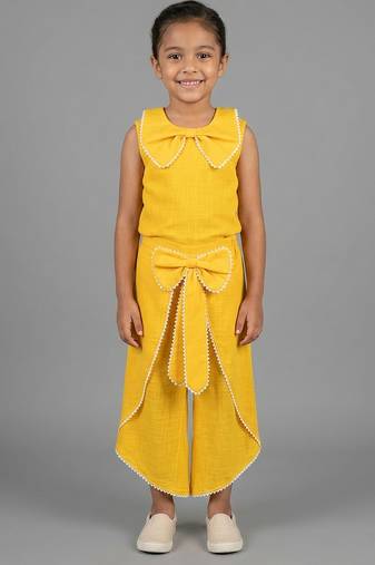 Yellow embroidered cotton slub co ord set