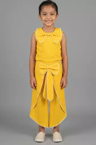 Yellow embroidered cotton slub co ord set