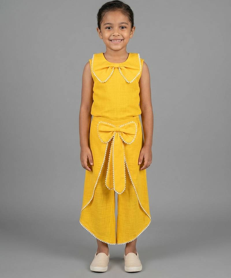 Yellow embroidered cotton slub co ord set