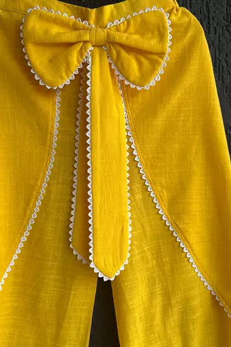 Yellow embroidered cotton slub co ord set