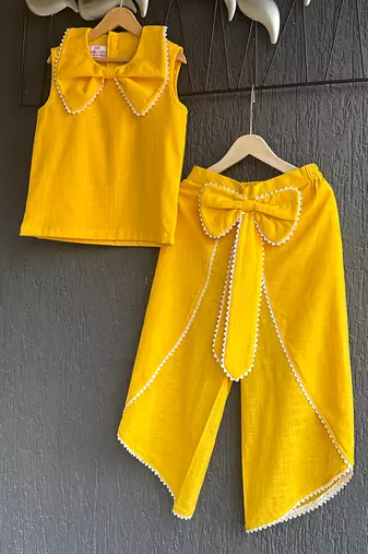 Yellow embroidered cotton slub co ord set