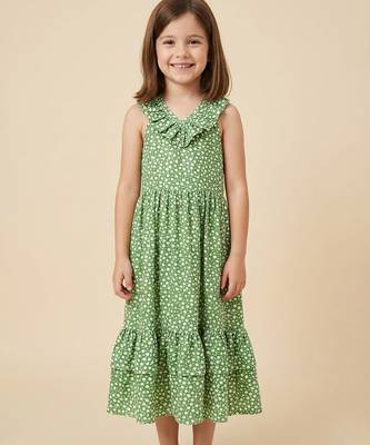 Green printed cotton rayon dress 1