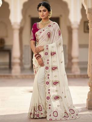 White Color sequences and  embroidery work  Georgette  Saree 1