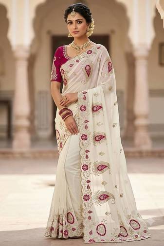 White sequin s and embroidery work Georgette Saree