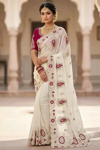 White sequin s and embroidery work Georgette Saree