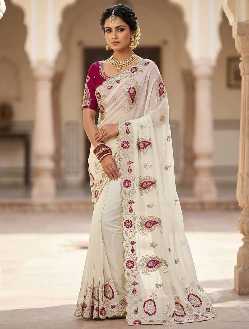 White Color sequences and  embroidery work  Georgette  Saree