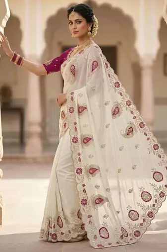 White sequin s and embroidery work Georgette Saree