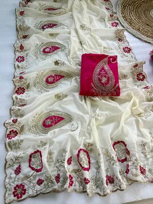 White Color sequences and  embroidery work  Georgette  Saree 3