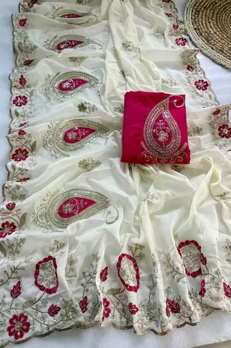 White sequin s and embroidery work Georgette Saree