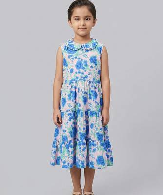 Blue off white printed cotton slub dress 1
