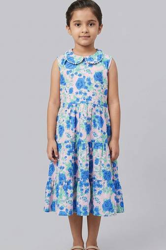 Blue off white printed cotton slub dress
