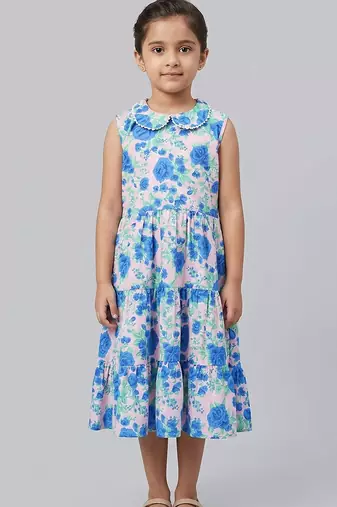 Blue off white printed cotton slub dress