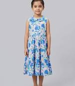Blue off white printed cotton slub dress