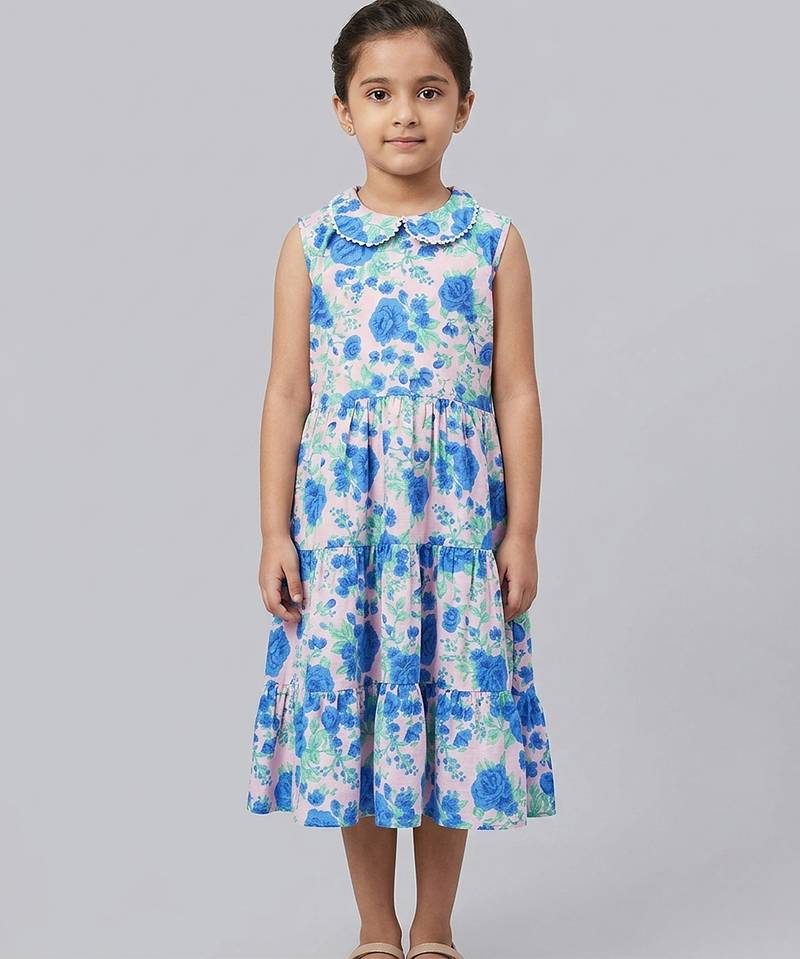 Blue off white printed cotton slub dress