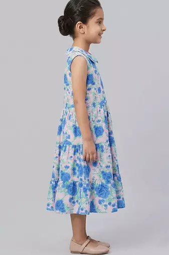 Blue off white printed cotton slub dress