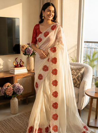 Red Color Beautiful Aplic work with sequins  Embroidery Work Silk Blend Saree