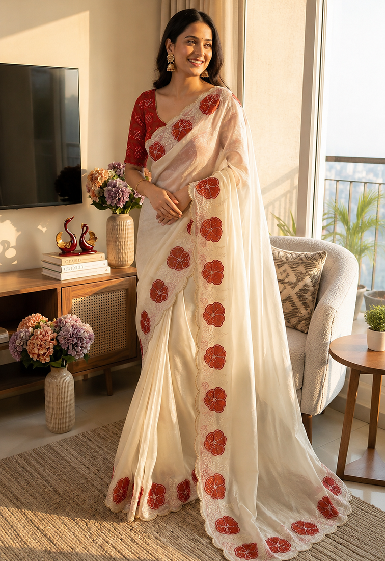 Red Color Beautiful Aplic work with sequins  Embroidery Work Silk Blend Saree