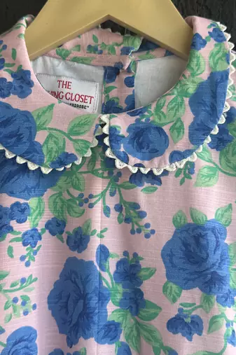 Blue off white printed cotton slub dress