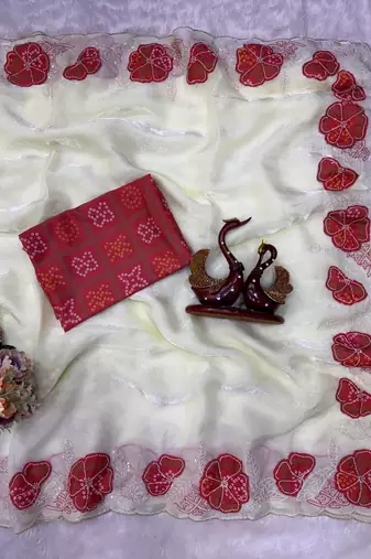 Red Color Beautiful Aplic work with sequins  Embroidery Work Silk Blend Saree