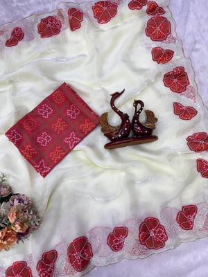 Red Color Beautiful Aplic work with sequins  Embroidery Work Silk Blend Saree 4