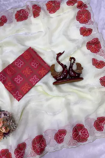 Red Color Beautiful Aplic work with sequins  Embroidery Work Silk Blend Saree