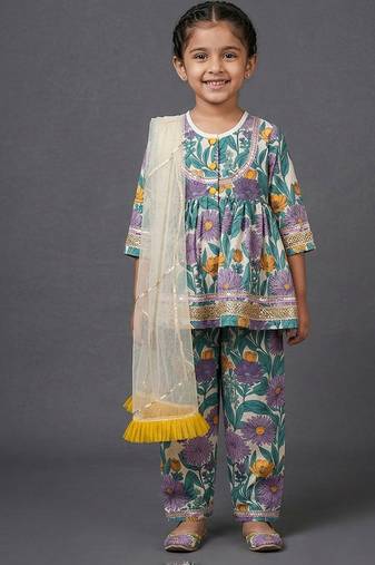 Purple printed cotton silk kurti set