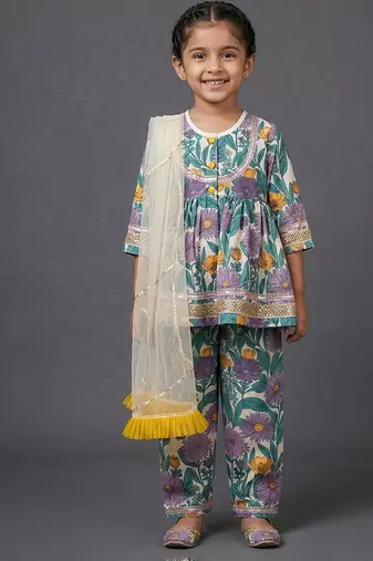 Purple printed cotton silk kurti set