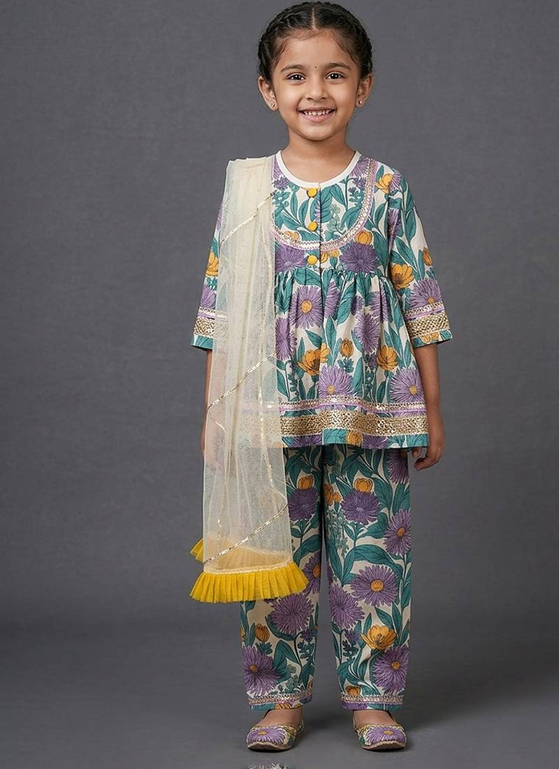 Purple printed cotton silk kurti set