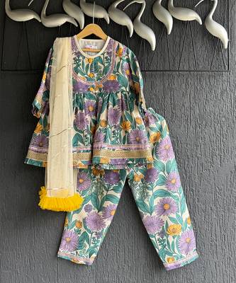 Purple printed cotton silk kurti set 2