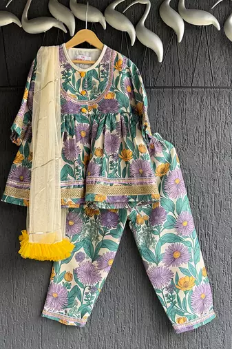 Purple printed cotton silk kurti set